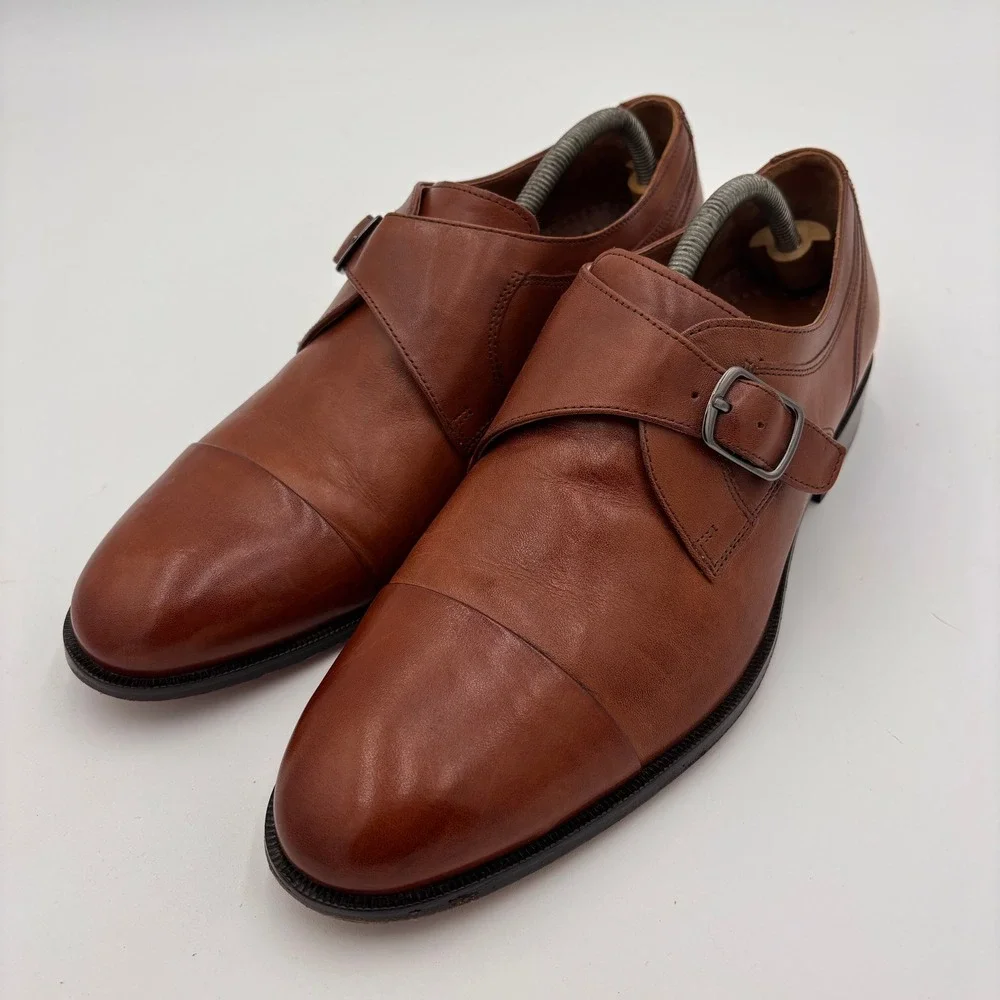 Johnston & Murphy Monk Strap Shoes Mens 11.5 Tan Cap Toe Leather Buckle